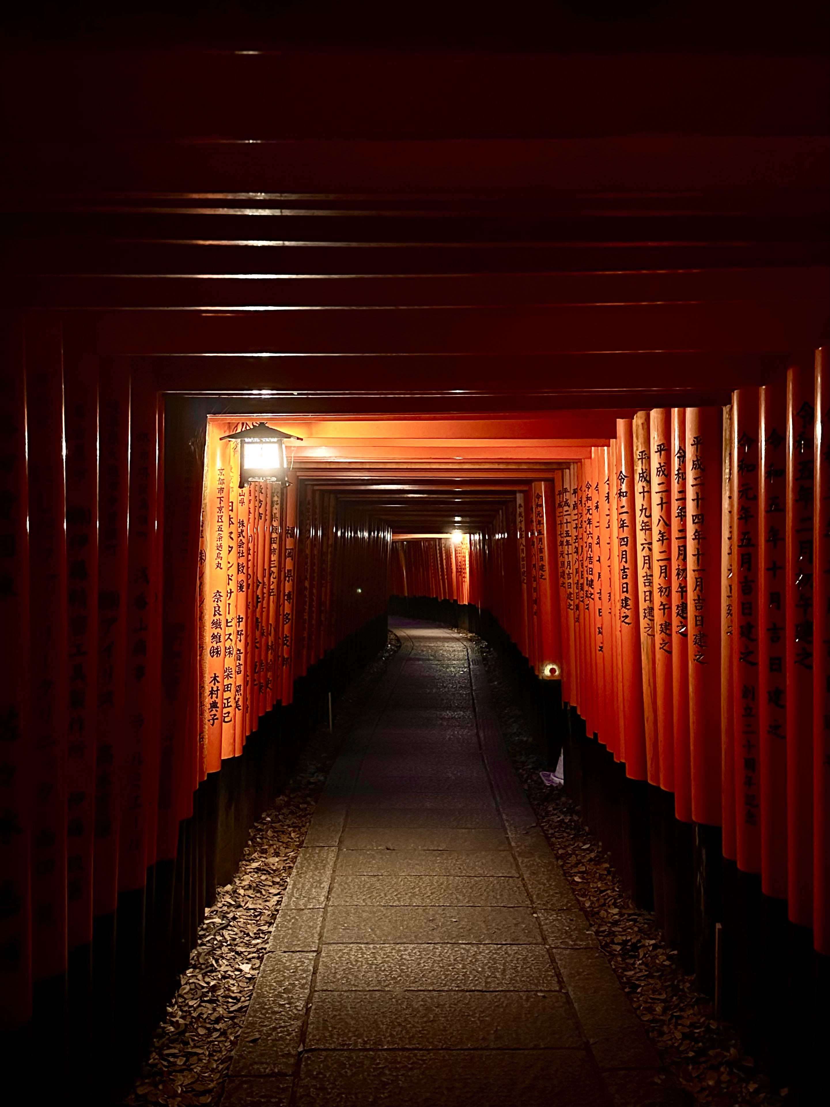 Fila di torii rossi — composizione fotografica prospettica