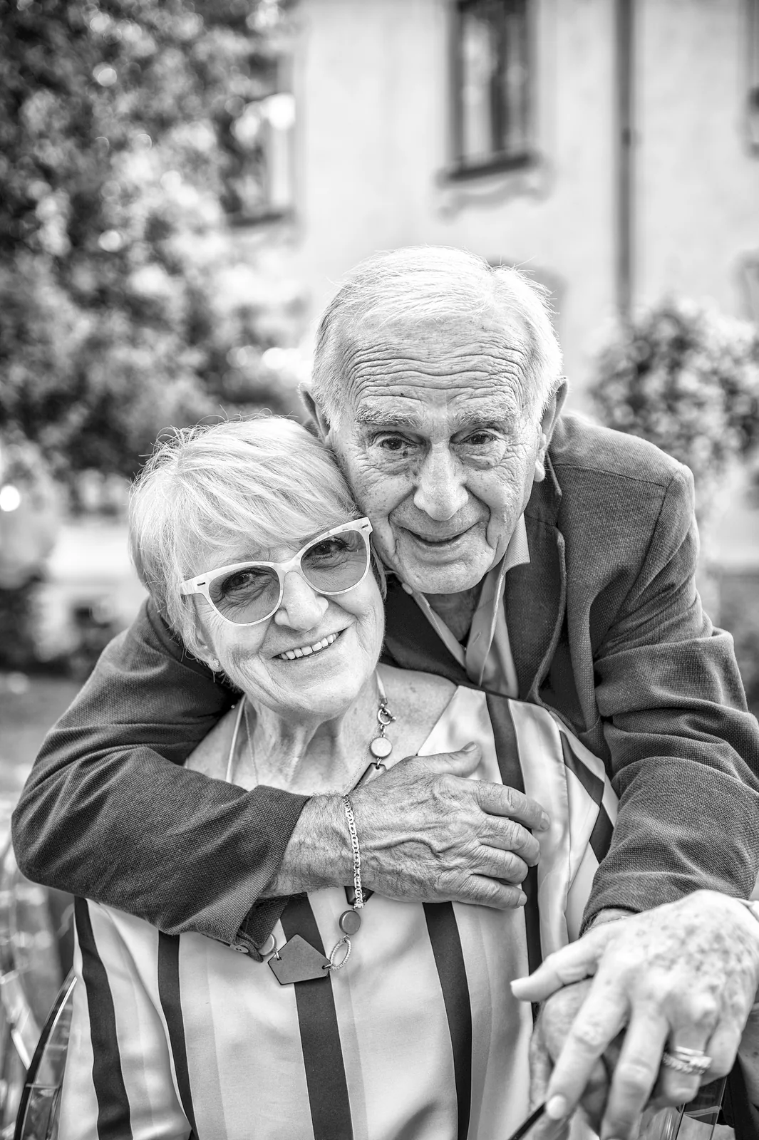 An elderly couple embracing at the wedding, Lake Maggiore, black and white