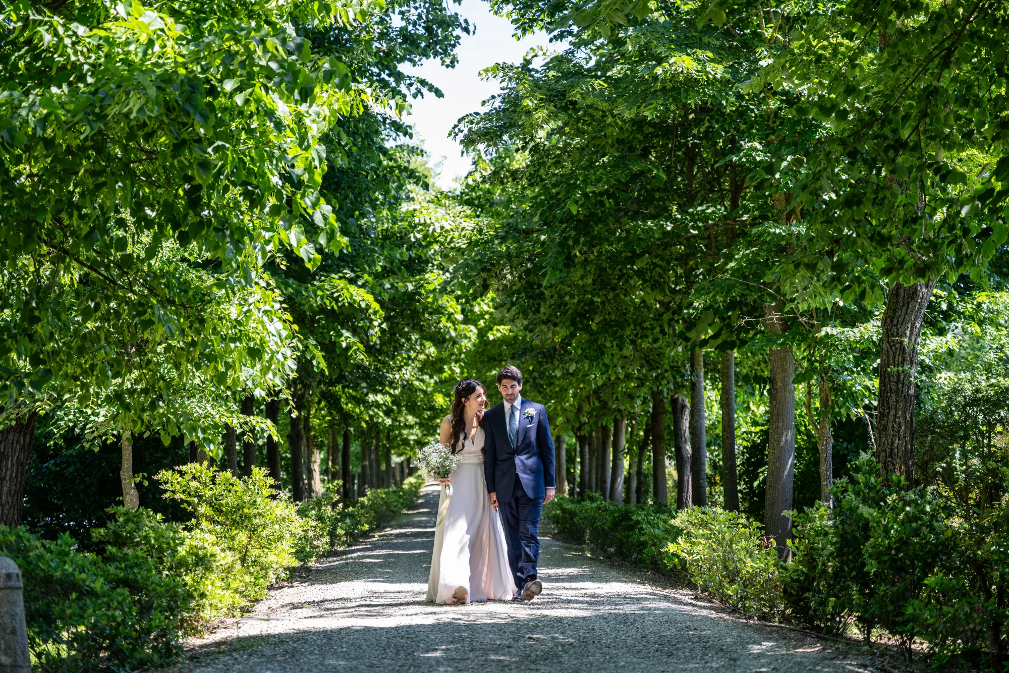 La sposa nel viale alberato del parco di La Scrivana, Alessandria