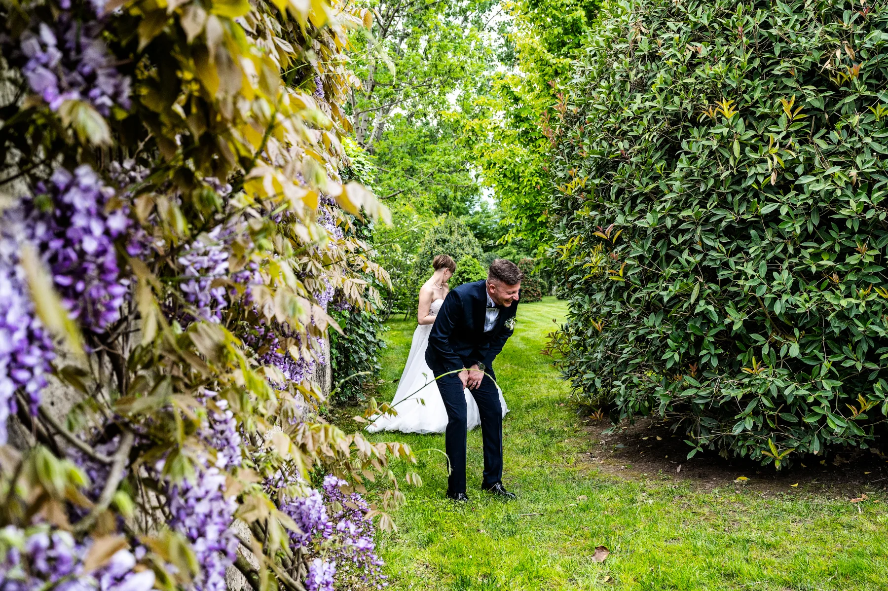 Gli sposi nel giardino con il glicine, Tenuta La Michelina, Pinerolo