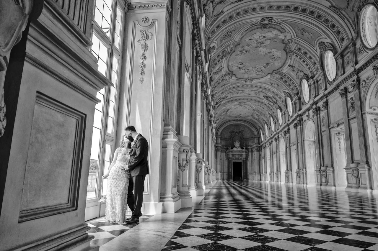 Matrimonio Reggia di Venaria — tramonto (bianco e nero)